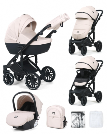 Carucior 3 in 1 - Carucior 3 in 1, 0-36 luni, Colectia Fizio-Lux G8, Piese distincte, Cu Suspensii, Landou reversibil, Husa de ploaie si insecte, Geanta de scutece, Manusi de protectie, Eco-piele, Bej unt