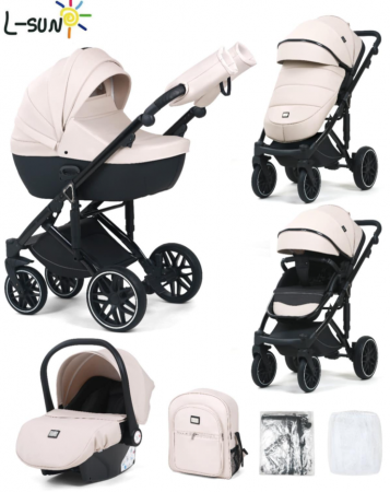 Carucior 3 in 1, 0-36 luni, Colectia Fizio-Lux G8, Piese distincte, Cu Suspensii, Landou reversibil, Husa de ploaie si insecte, Geanta de scutece, Manusi de protectie, Eco-piele, Bej unt [6]