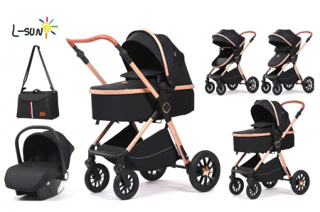 Carucior 3 in 1 - Carucior 3 in 1, Geanta de scutece, Suspensie pe roata si cadru, Bubu-Still Kidilo, negru