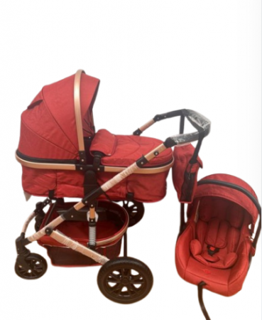 Carucior 3 in 1 - Carucior 3 in 1, Geanta de scutece, Suspensie pe roata si cadru, maner de piele, Bubu-Still®, Rosu