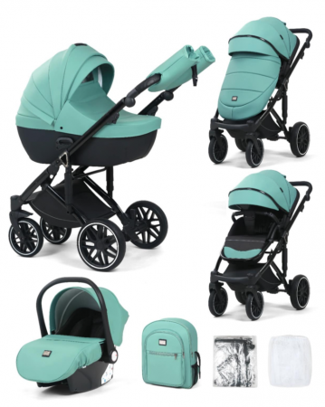 Carucior 3 in 1 - Carucior 3 in 1, 0-36 luni, Colectia Fizio-Lux G8, Piese distincte, Cu Suspensii, Landou reversibil, Husa de ploaie si insecte, Geanta de scutece, Manusi de protectie, Eco-piele, Green