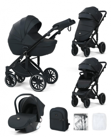 Carucior 3 in 1 - Carucior 3 in 1, 0-36 luni, Colectia Fizio-Lux G8, Piese distincte, Cu Suspensii, Landou reversibil, Husa de ploaie si insecte, Geanta de scutece, Manusi de protectie, Eco-piele, Negru antracit