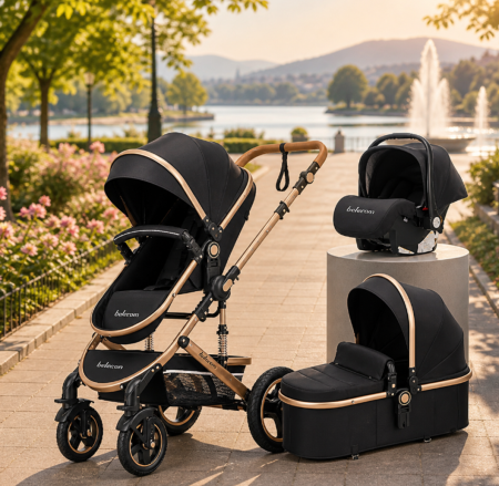 Carucior 3 in 1 - Carucior 3 in 1, Geanta de scutece, Suspensie pe roata si cadru, Pliabil, Original Belecoo, Negru cu cadru auriu