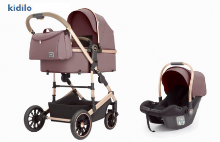 Carucior 3 in 1, Kidilo, cu suspensii, Geanta termica pentru accesorii si salteluta,Mov visina, Landou reversibil, Cadru aluminiu, A10 [11]