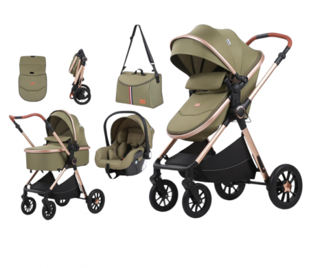 Carucior 3 in 1, Original L-Sun, cu suspensii, Geanta pentru accesorii si salteluta, Maro, Maner reversibil, Manusi protectie, Cadru aluminiu [1]