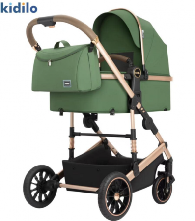 Carucior 3 in 1, Kidilo, cu suspensii, Geanta termica pentru accesorii si salteluta, Verde, Landou reversibil, Cadru aluminiu, A10 [1]