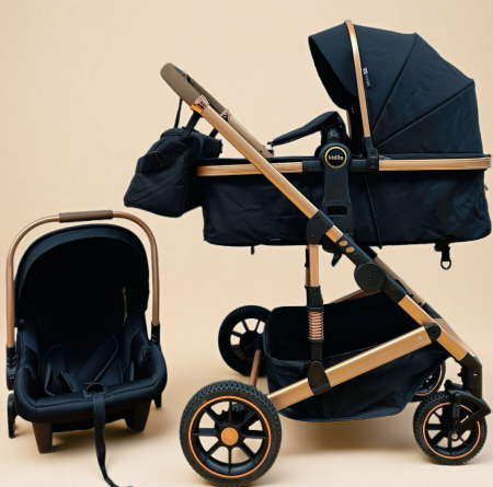 Carucior 3 in 1, Kidilo, cu suspensii, Geanta termica pentru accesorii si salteluta, Negru, Landou reversibil, Cadru aluminiu, A10 [1]