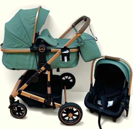 Carucior 3 in 1, Kidilo, cu suspensii, Geanta termica pentru accesorii si salteluta, Verde, Landou reversibil, Cadru aluminiu, A10 [2]