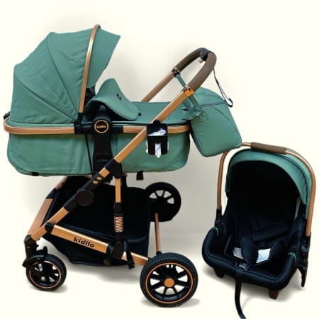 Carucior 3 in 1, Kidilo, cu suspensii, Geanta termica pentru accesorii si salteluta, Verde, Landou reversibil, Cadru aluminiu, A10 [11]