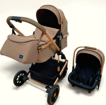 Carucior 3 in 1 - Carucior 3 in 1, Kidilo, cu suspensii, Lux, Geanta termica pentru accesorii si salteluta, Reversibil, Cadru aluminiu, Maro