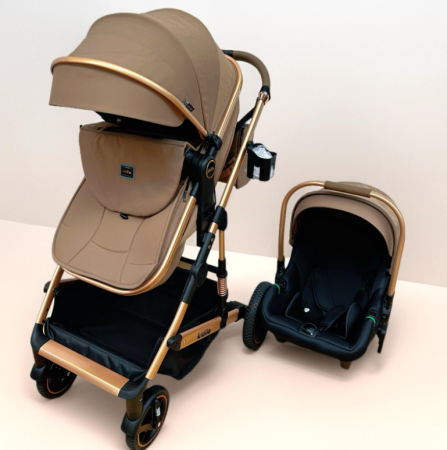 Carucior 3 in 1, Kidilo, cu suspensii, Lux, Geanta termica pentru accesorii si salteluta, Reversibil, Cadru aluminiu, Maro [1]