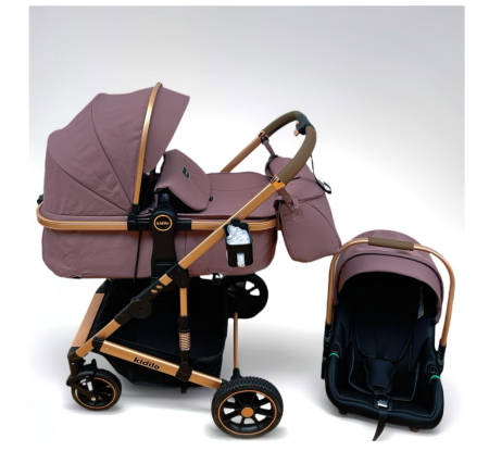 Carucior 3 in 1 - Carucior 3 in 1, Kidilo, cu suspensii, Lux, Geanta termica pentru accesorii si salteluta, Reversibil, Cadru aluminiu, Mov pudra