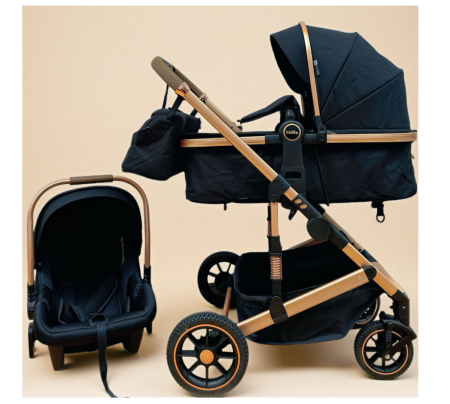 Carucior 3 in 1 - Carucior 3 in 1, Kidilo, cu suspensii, Lux, Geanta termica pentru accesorii si salteluta, Reversibil, Cadru aluminiu, negru