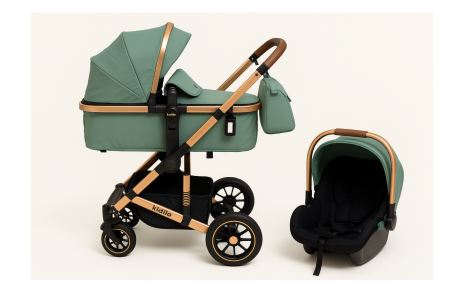 Carucior 3 in 1 - Carucior 3 in 1, Kidilo, cu suspensii, Lux, Geanta termica pentru accesorii si salteluta, Reversibil, Cadru aluminiu, verde