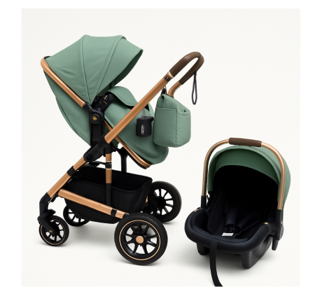 Carucior 3 in 1, Kidilo, cu suspensii, Lux, Geanta termica pentru accesorii si salteluta, Reversibil, Cadru aluminiu, verde [1]