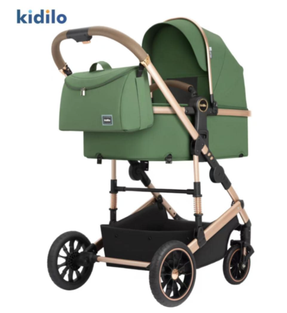 Carucior 3 in 1, Kidilo, cu suspensii, Lux, Geanta termica pentru accesorii si salteluta, Reversibil, Cadru aluminiu, verde [2]