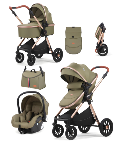 Carucior 3 in 1 - Carucior 3 in 1, Original L-Sun, cu suspensii, Geanta pentru accesorii si salteluta, Maro, Maner reversibil, Manusi protectie, Cadru aluminiu