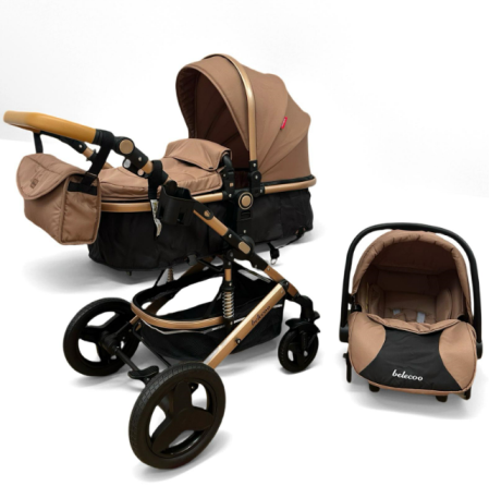 Carucior 3 in 1, Suspensie dubla pe roata, Geanta inclusa, strangere compacta, Belecoo, Maro cu negru [5]