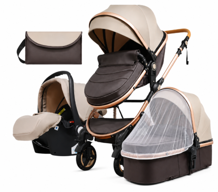 Carucior 3 in 1 - Carucior 3 in 1, Geanta de scutece, Suspensie dinamica, Atestat SGS Elvetia, Bej