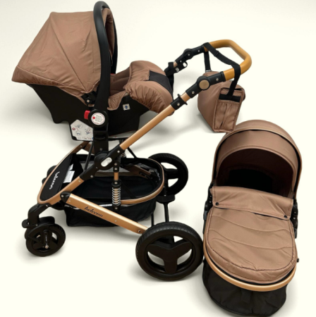 Carucior 3 in 1, Suspensie dubla pe roata, Geanta inclusa, strangere compacta, Belecoo, Maro cu negru [4]