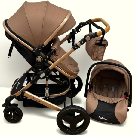 Carucior 3 in 1, Suspensie dubla pe roata, Geanta inclusa, strangere compacta, Belecoo, Maro cu negru [1]
