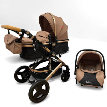 Carucior 3 in 1, Suspensie dubla pe roata, Geanta inclusa, strangere compacta, Belecoo, Maro cu negru [2]