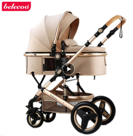 Carucior 3 in 1, Suspensie dubla pe roata, Geanta inclusa, strangere compacta, Belecoo, bej uni [1]