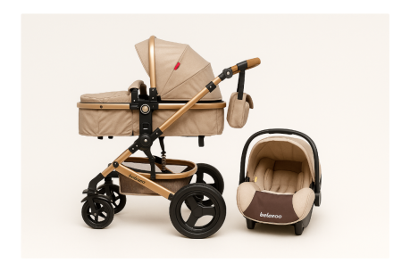 Carucior 3 in 1, Suspensie dubla pe roata, Geanta inclusa, strangere compacta, Belecoo, bej uni [10]