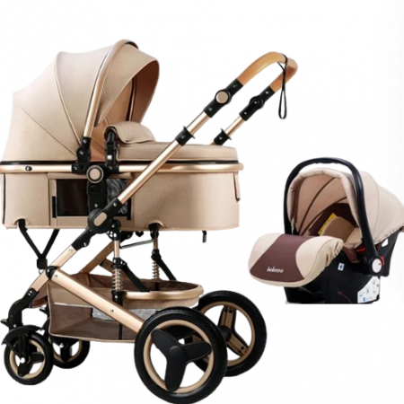 Carucior 3 in 1 - Carucior 3 in 1, Suspensie dubla pe roata, Geanta inclusa, strangere compacta, Belecoo, bej uni