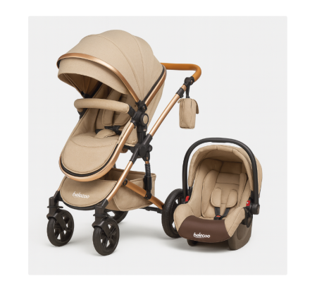Carucior 3 in 1, Suspensie dubla pe roata, Geanta inclusa, strangere compacta, Belecoo, bej uni [14]