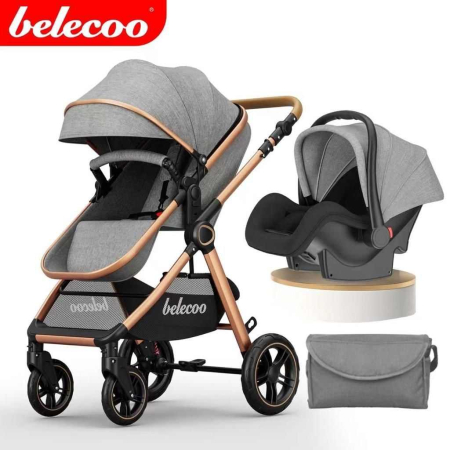 Carucior 3 in 1 - Carucior 3 in 1, Suspensie dubla pe roata, Geanta inclusa, strangere compacta, Belecoo, gri