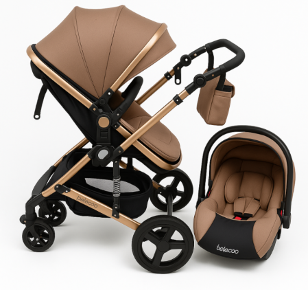 Carucior 3 in 1 - Carucior 3 in 1, Suspensie dubla pe roata, Geanta inclusa, strangere compacta, Belecoo, Maro cu negru