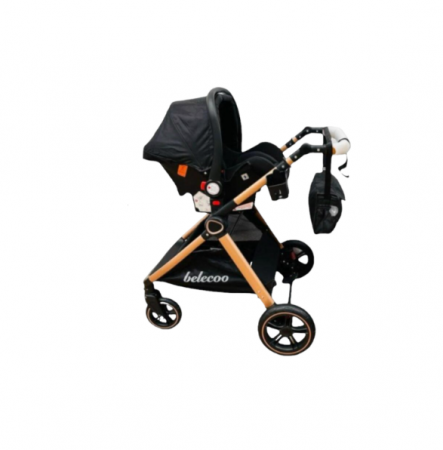 Carucior 3 in 1, Suspensie dubla pe roata, Geanta inclusa, strangere compacta, Belecoo, negru [2]