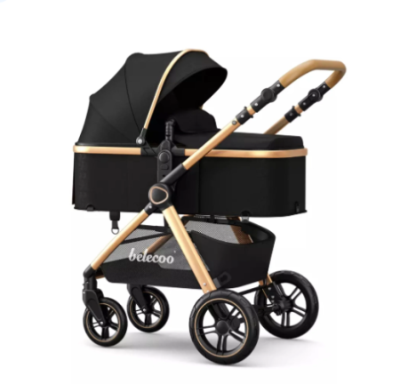 Carucior 3 in 1, Suspensie dubla pe roata, Geanta inclusa, strangere compacta, Belecoo, negru [1]