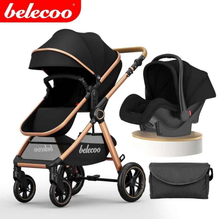 Carucior 3 in 1 - Carucior 3 in 1, Suspensie dubla pe roata, Geanta inclusa, strangere compacta, Belecoo, negru
