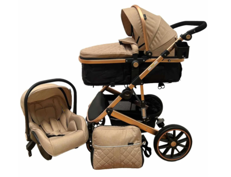 Carucior 3 in 1 - Carucior 3 in 1, Suspensie dubla pe roata, Geanta inclusa, strangere compacta, Maro cu negru