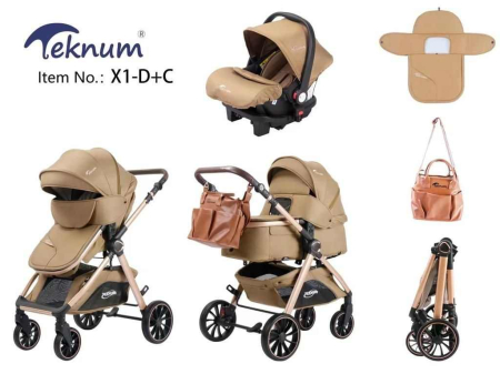 Carucior 3 in 1 - Carucior 3 in 1, Teknum, cu suspensii, Geanta pentru accesorii si salteluta, Bej