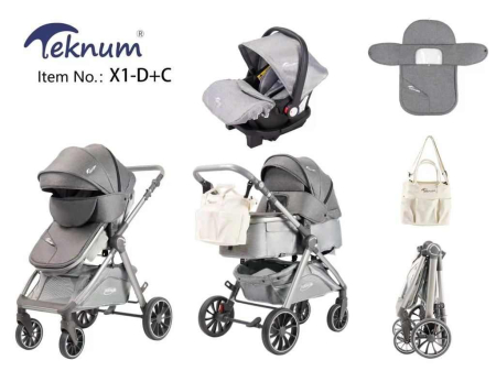 Carucior 3 in 1 - Carucior 3 in 1, Teknum, cu suspensii, Geanta pentru accesorii si salteluta, gri