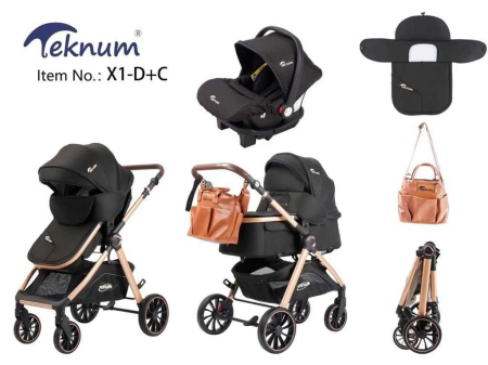 Carucior 3 in 1 - Carucior 3 in 1, Teknum, cu suspensii, Geanta pentru accesorii si salteluta, negru