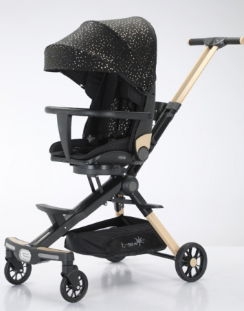 Carucior sport - Carucior bebe cu copertina retractabila pentru protectie UV, 6 si 36 luni, reversibil, pliere compacta tip troler pentru avion, lumini si muzica, negru