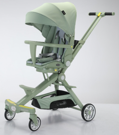 Carucior bebe cu copertina retractabila pentru protectie UV, 6 si 36 luni, reversibil, pliere compacta tip troler pentru avion, lumini si muzica, verde [10]