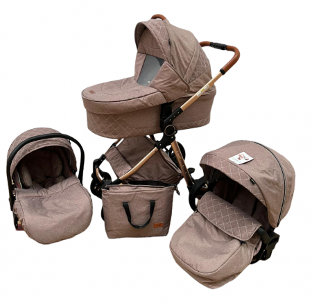 Carucior 3 in 1 - Carucior Bubu-Still, 3 in 1 , 3 piese distincte, suspensie pe roata, reversibil, bej