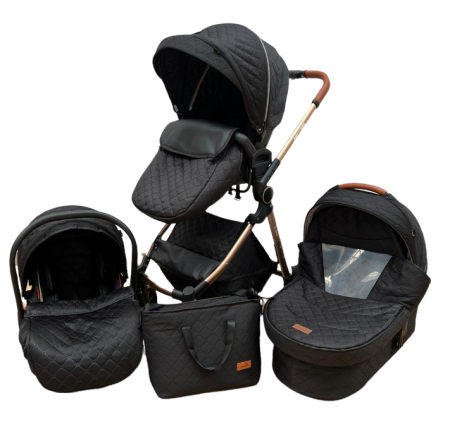 Carucior 3 in 1 - Carucior Bubu-Still, 3 in 1 , 3 piese distincte, suspensie pe roata, reversibil, Negru
