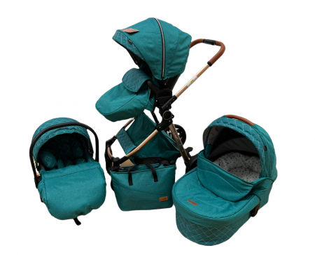 Carucior Bubu-Still, 3 in 1 , 3 piese distincte, suspensie pe roata, reversibil, Turcoaz [7]