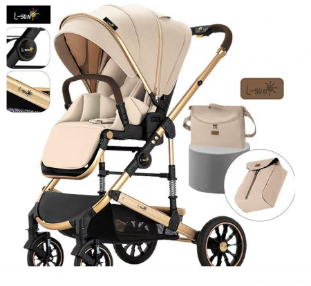 Carucior 2 in 1 - Carucior copii, 0-36 luni, Cu suspensii, Landou reversibil, Pozitie de somn si sezut, Roata cauciuc, Bej