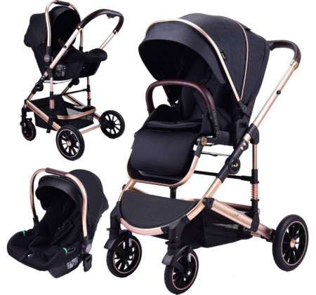 Carucior 3 in 1 - Carucior copii, 0-36 luni, Cu suspensii, Maner reversibil, Pozitie de somn si sezut, Roata cauciuc, Cu scoica auto