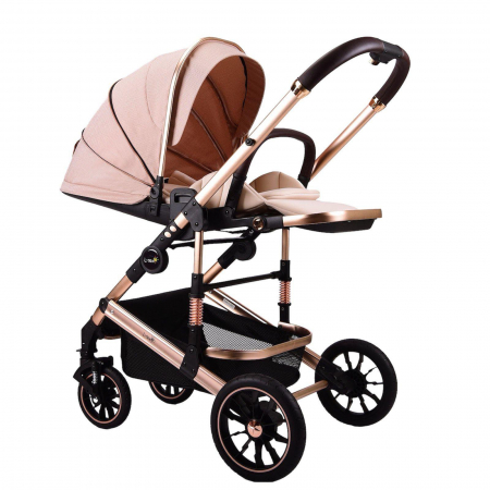 Carucior copii, 0-36 luni, Cu suspensii, Maner reversibil, Pozitie de somn si sezut, Roata cauciuc, Cu scoica auto, Bej [4]