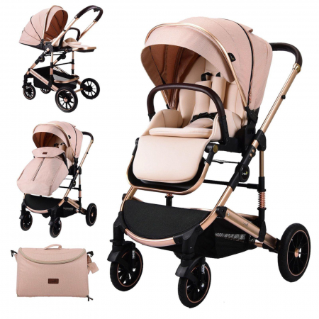 Carucior copii, 0-36 luni, Cu suspensii, Maner reversibil, Pozitie de somn si sezut, Roata cauciuc, Cu scoica auto, Bej [1]