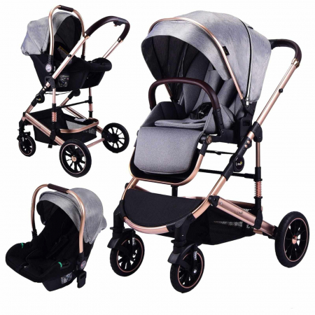 Carucior 2 in 1 - Carucior copii, 0-36 luni, Cu suspensii, Maner reversibil, Pozitie de somn si sezut, Roata cauciuc, Cu scoica auto, Gri