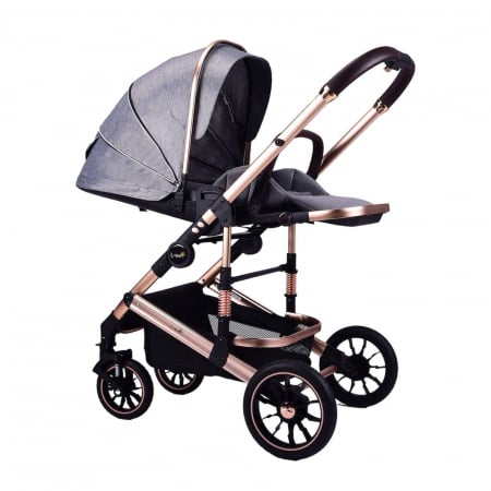 Carucior copii, 0-36 luni, Cu suspensii, Maner reversibil, Pozitie de somn si sezut, Roata cauciuc, Cu scoica auto, Gri [5]